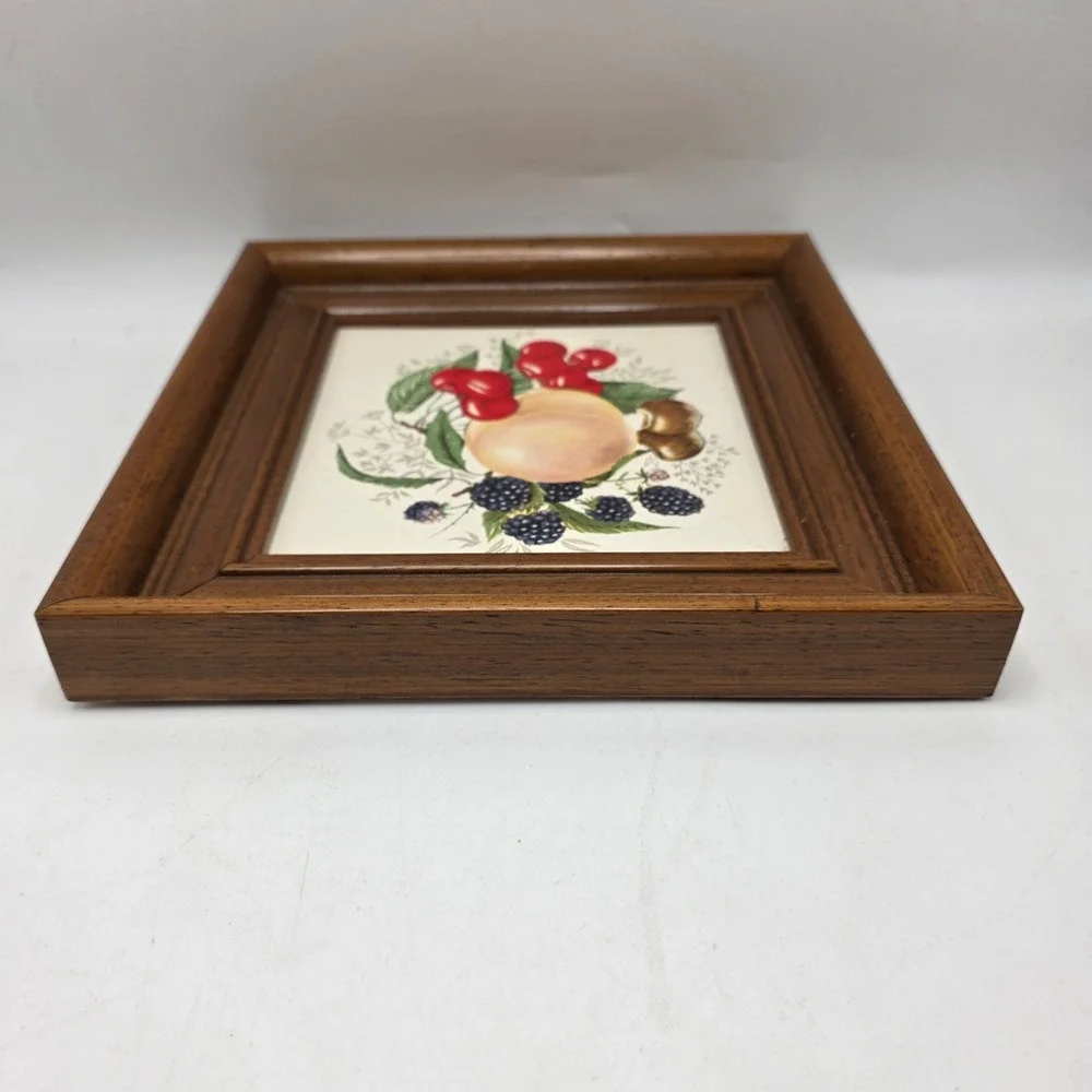 Vintage Framed Fruit Ceramic Tile Art Brown Wood Square Kitchen Still Life Decor